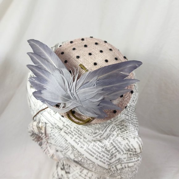 Small Round Fascinator Hat with Polka Dots Gray Feather \